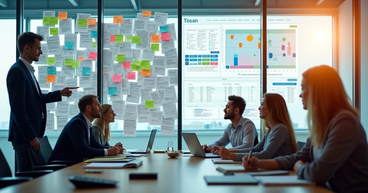 Equipe de vendas reunida em sala vendo a transformação de planilhas em um painel de CRM