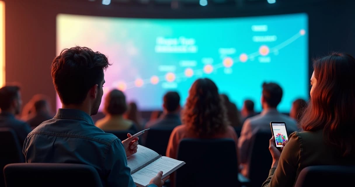 Equipe de vendas em auditório colaborando com grande painel digital de IA no palco