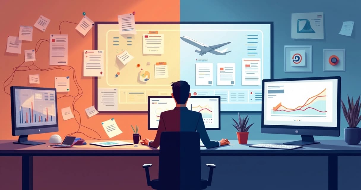 Painel de vendas desorganizado contrastando IA e CRM organizados em estilo ilustrado