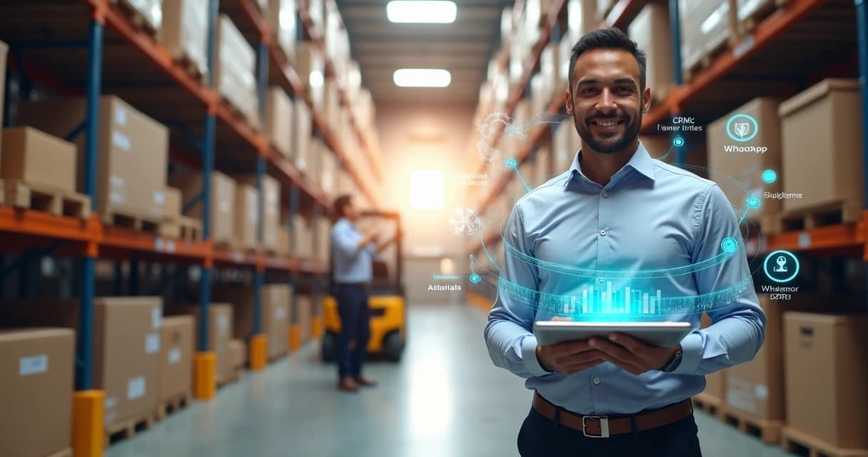 Vendedor de distribuidora em armazém usando tablet com painel de IA e CRM