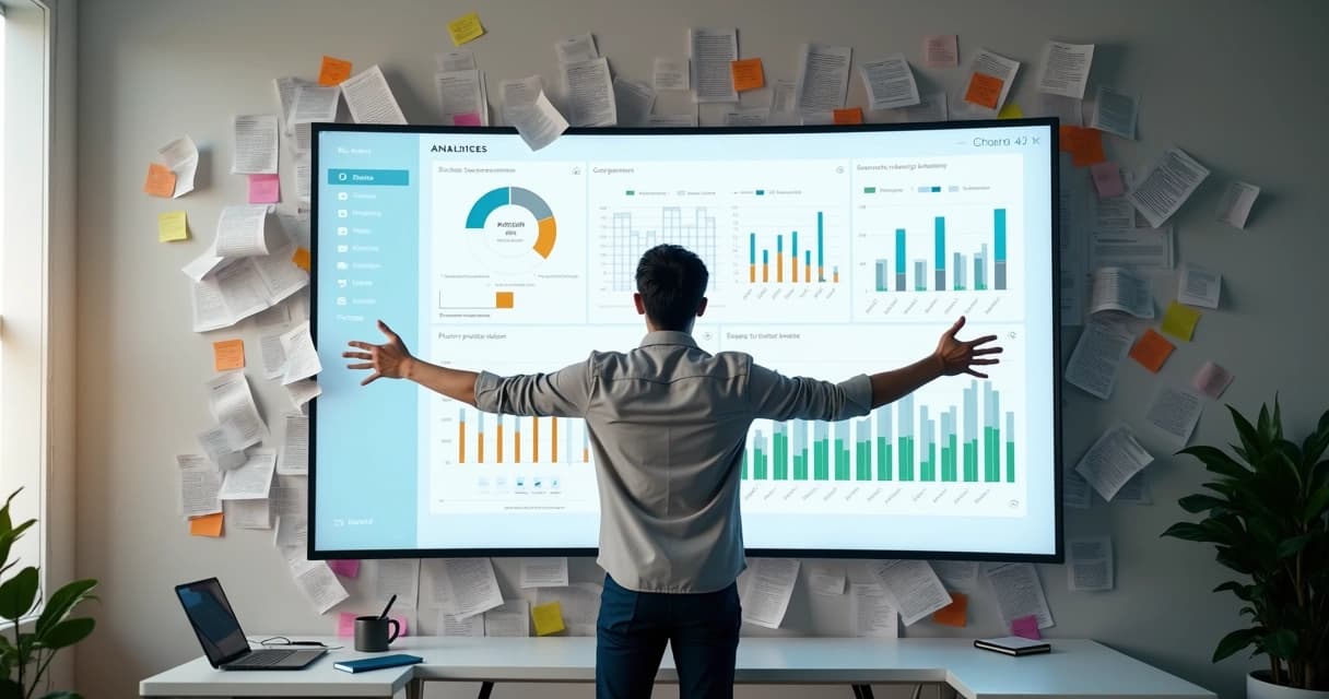 Vendedor rompe um mural de planilhas para usar dashboards de CRM em tela gigante